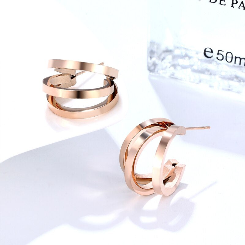 Unique Design Three Half Circle Stud Earring for Women Stainless Steel Gold Color Earring Jewelry Gift