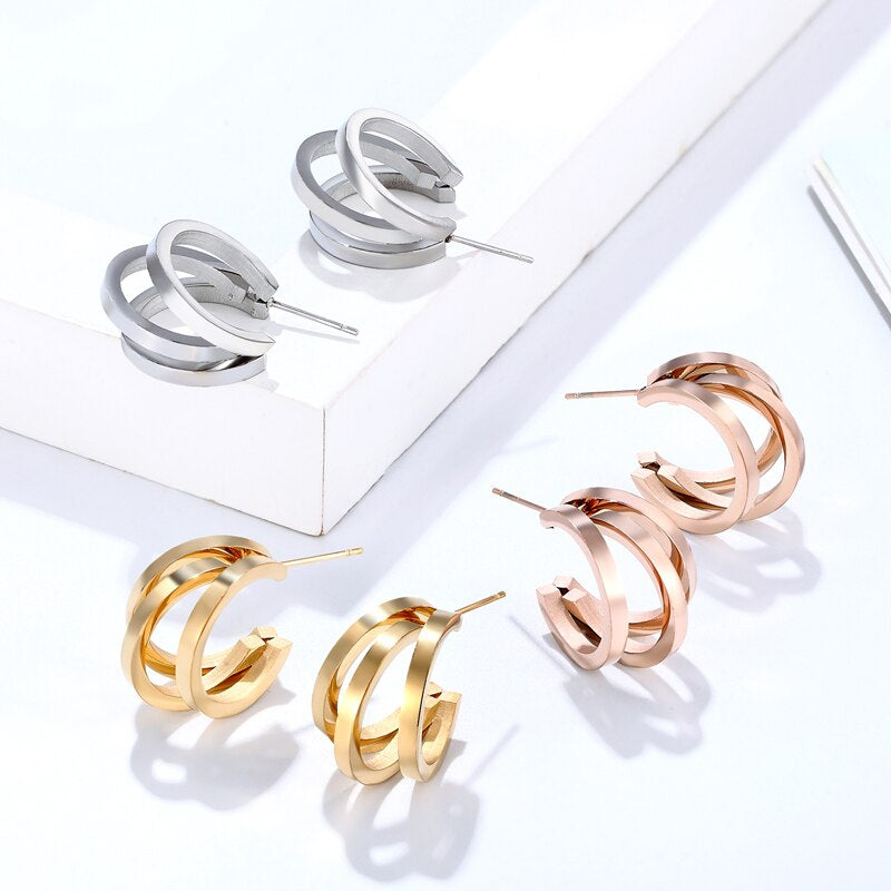 Unique Design Three Half Circle Stud Earring for Women Stainless Steel Gold Color Earring Jewelry Gift